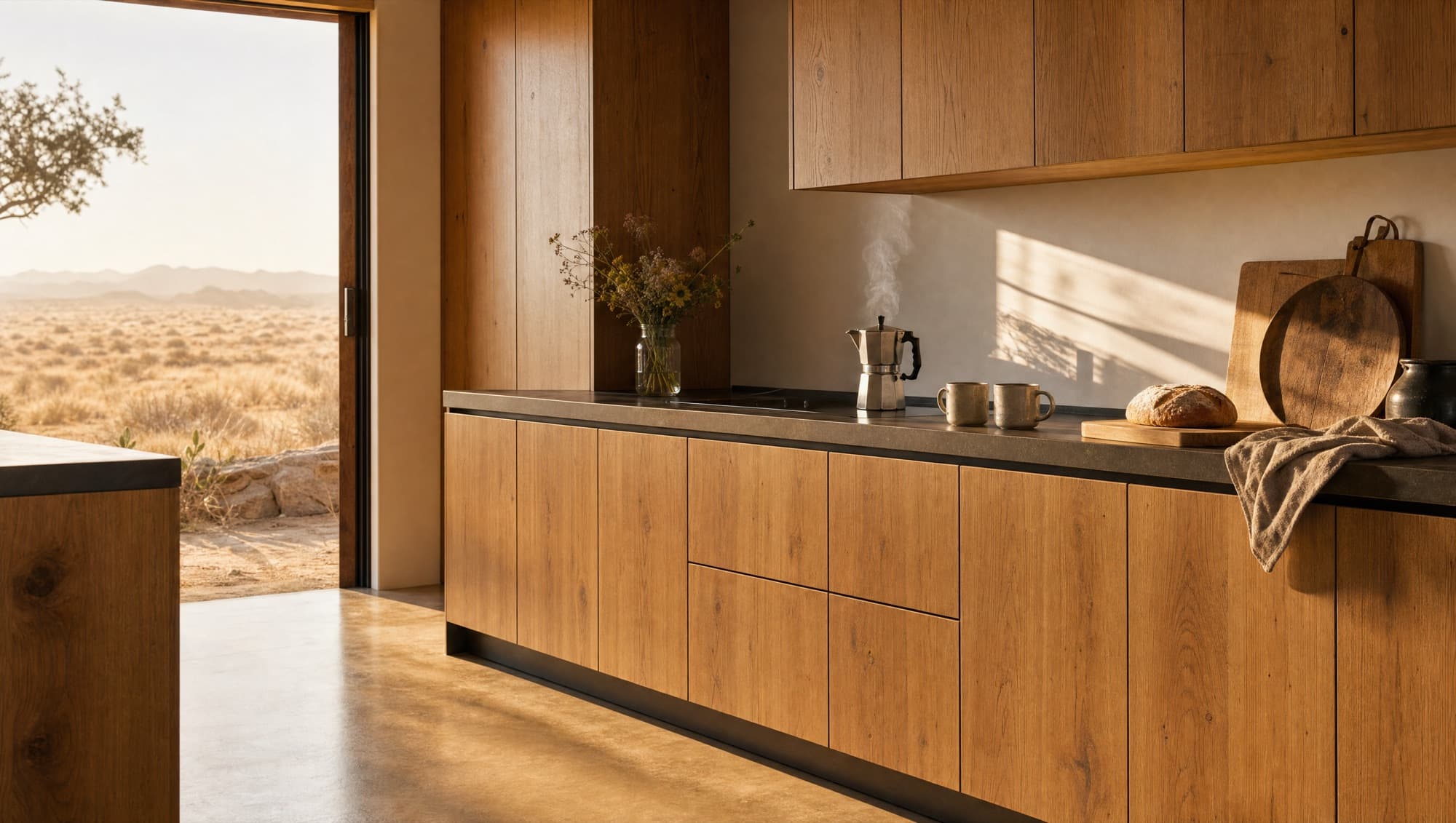 A contemporary modular kitchen set in the Namibian landscape